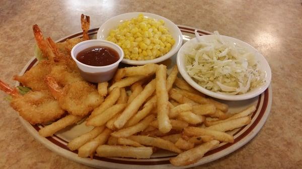 Jumbo shrimp fries slaw & corn