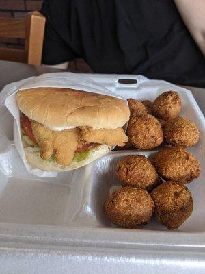 Fish sandwich and hush puppies. Don't skip out on hush puppies!! So fluffy inside and crispy outside.