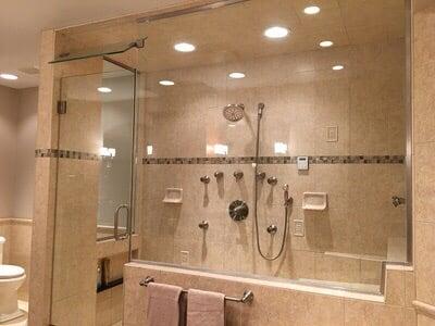 Moen vertical spa shower system. Shower, thermostatic valve, hand shower, 4 jets and 3 diverter valves.