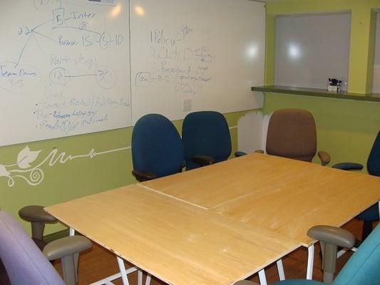 Conference room is lined with white boards!