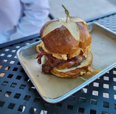 Burger on pretzel bun