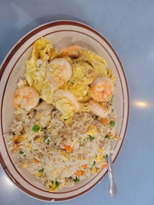 Prawn + scrambled eggs over fried rice