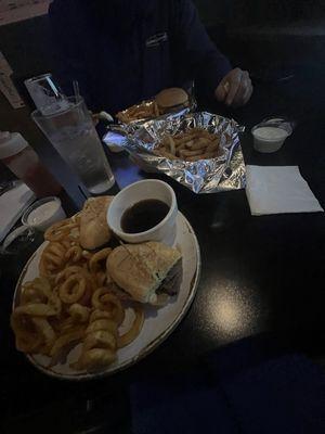 French dip - pickle fries   and cheeseburger