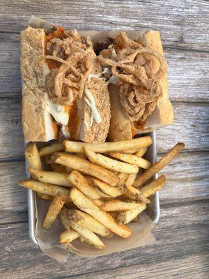 Spicy steak and cheese and house fries