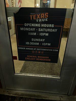 This photo shows the times they are supposed to be open. There was staff & open tables but unwilling to help us.