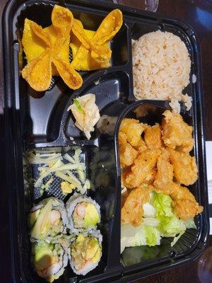 Bento Bang Bang Shrimp, with California Roll and Crab Rangoon and Fried Rice