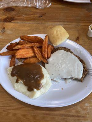 Country fried steak and sweet potato fries. Very good