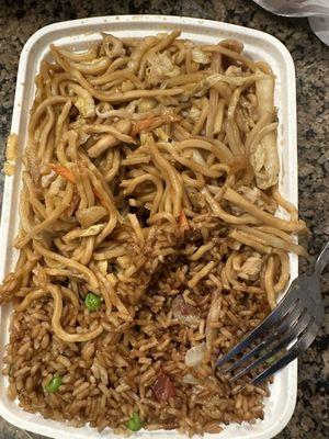 Combination: chicken lo mein, roast pork fried rice