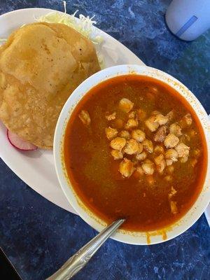 Small Pozole with a tostada, cabbage, and radishes (no onion for me)