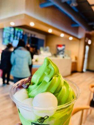 Matcha Soft Serve with Mochi and Red Bean toppings