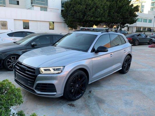 Audi SQ5 with non-resonated AWE touring exhaust, black-out package, custom painted rims, tint, etc. Beverly Hills Auto Body is #1.