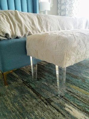 Custom made bed bench in a white faux fur with lucite legs (acrylic glass legs)