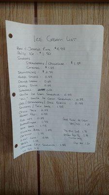 Handwritten Ice Cream Prices