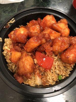 Vegetable fried rice with sweet and sour pork