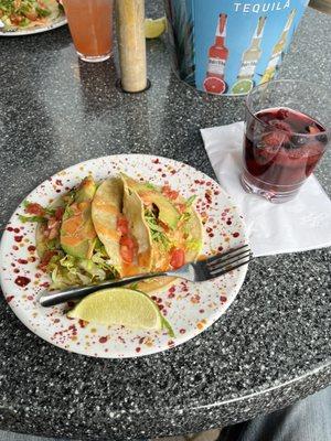 (2) Shrimp Volcano Tacos and Red Sangria