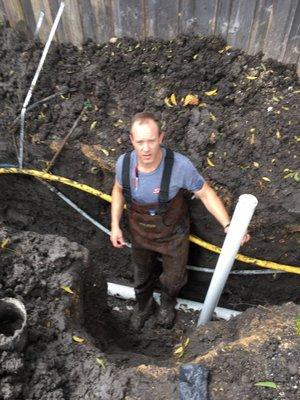 Master plumber and owner Trevor Speck digs trenches over 100 feet long to deliver waste from your house to the city sewer system.