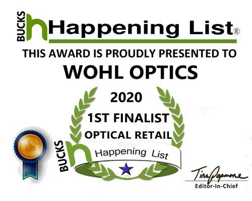 Bucks Happening 2020 Award 1st Finalist in Optical Retail Category for Wohl Optics in Warminster, PA