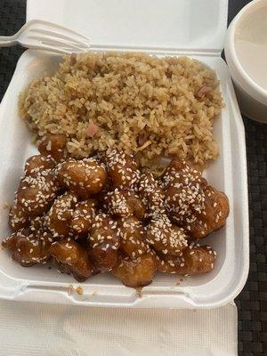 Sesame chicken and ham fried rice