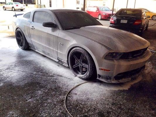 Customer mustang getting a foam bath