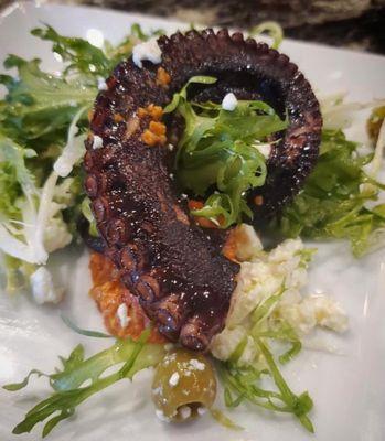 Charred Octopus Tasting, Feta Cheese, Romesco Sauce