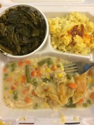 Chicken pot pie, collard greens, and macaroni & cheese