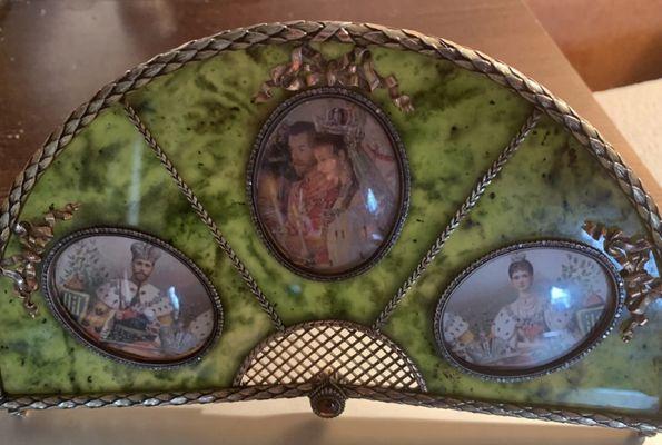 Imperial Russian frame in gold & silver mounted in nephrite and diamonds.