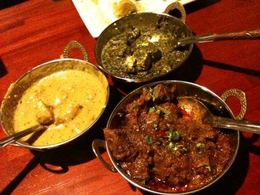 Sag Panner, Lamb Peshari and Chicken Korma.