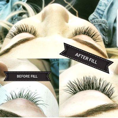 Before and after of a lash extension fill.