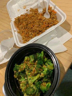 Chicken fried rice and broccoli with oyster sauce