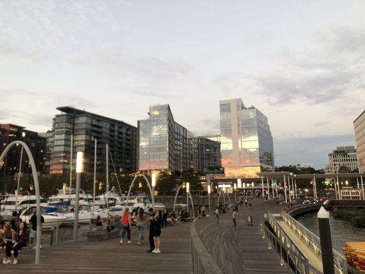 Hotel and pier at sunset