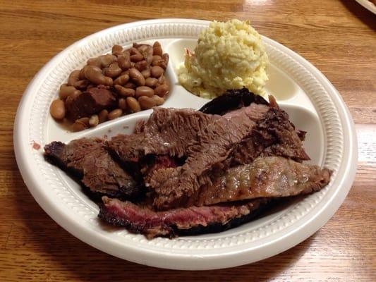 Brisket plate with beans and potato salad.