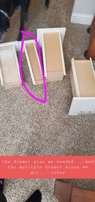 3 drawers received and actual size of drawer we needed circled in purple