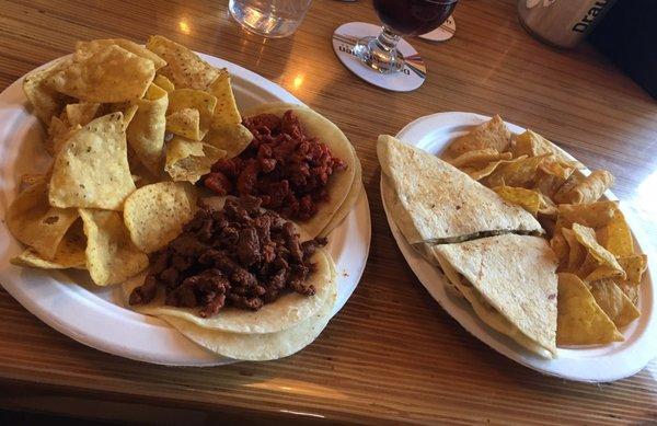 Al pastor & carne asada taco plate; chicken quesadilla.