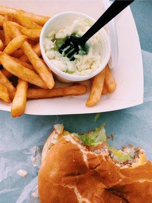 Burger, fries and cole slaw