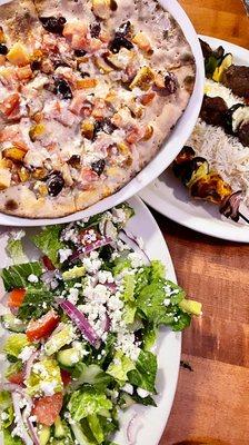 Mediterranean Chicken Pizza, Hedary's Salad, Shish Kabob Combination