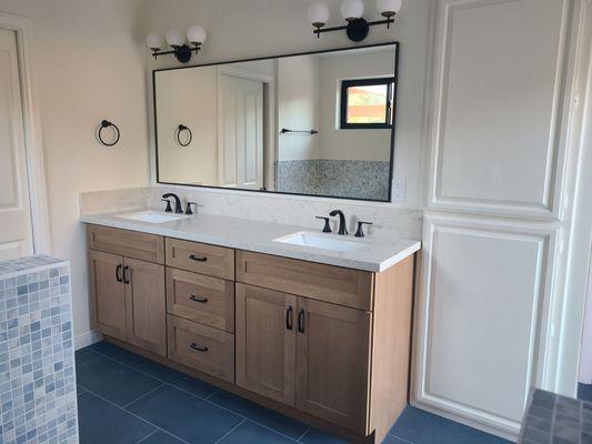 White Oak, Shaker, modern bathroom vanity at San Diego vanities. Double sink, quartz countertop.