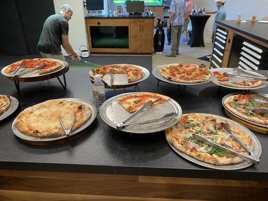 Many types of delicious thin and crispy pizza at our event .