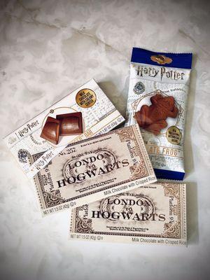 Butterbeer filled chocolate, chocolate frog and Hogwarts bank notes chocolate