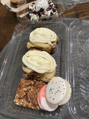 Cinnamon rolls, macaroons and pecan pie bar