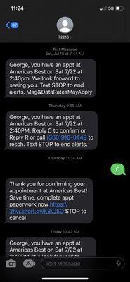 Text messages confirming appointment