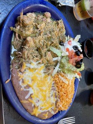 Chili Verde with rice and refrieds