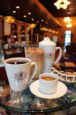 Choose from a variety of hot beverages including lattes, cappuccinos, straight espresso, chai, brewed coffee and more.