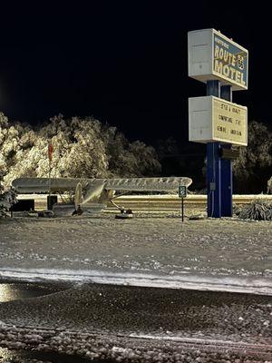 It was snowing when we were there. You can see one of the on-site airplanes in the parking lot.