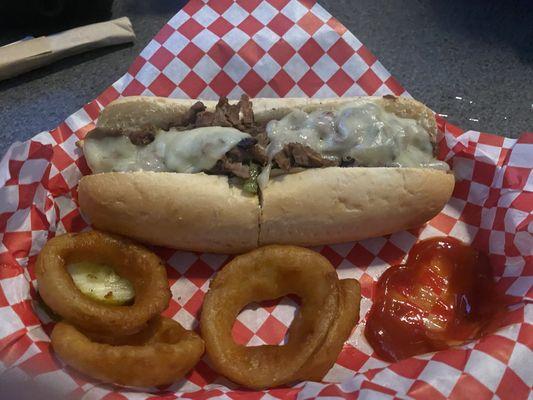 Steak hoagie with mushrooms, onions, peppers and cheese . Watching the Steelers 9/8/24