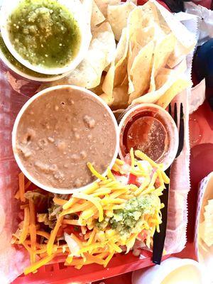 CLASSICO BEEF taco basket with CHIPS & QUESO & salsa & FRESH TOMATILLO SALSA