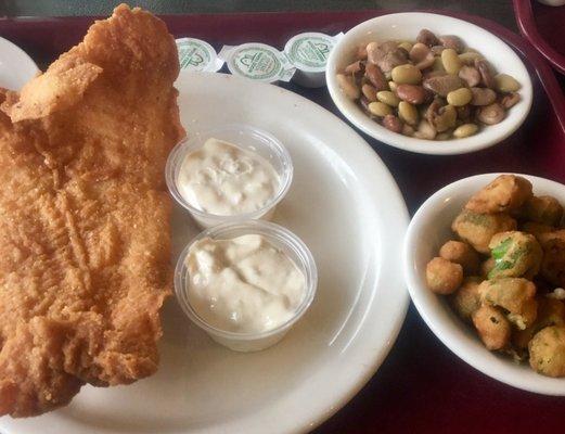 Fried snapper, mixed beans and okra excellent lunch $8.99. Not pictured some really good Mexican cornbread.