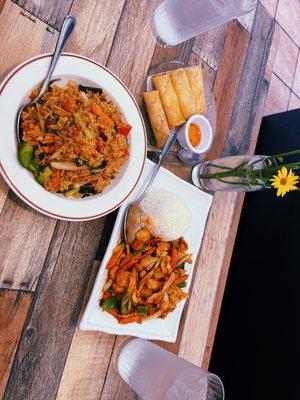 Veggies Crispy Rolls, Basil Fried Rice (spicy) + Cashew Nuts (spicy) w chicken--