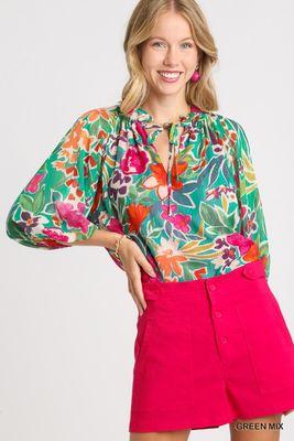 "Luxurys' Floral Split Neck Top Green Mix"