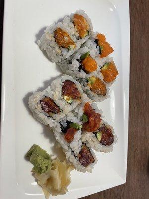 Spicy Salmon & Tuna - Both have avocado inside. They do not skimp on the spice. Very yummy.