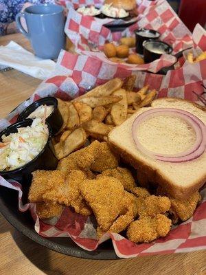 Catfish Nuggets, Slaw, & Black pepper Fies